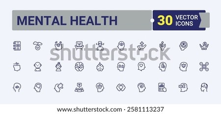 Mental Health icon set. Contains such icons as problem, people, thinks, doctor, psychotherapy, disorder and more. Perfect for logos and infographics. Solid line editable stroke.