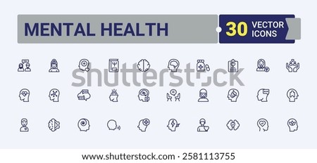 Mental Health icon set. Contains such icons as problem, people, thinks, doctor, psychotherapy, disorder and more. Perfect for logos and infographics. Solid line editable stroke.