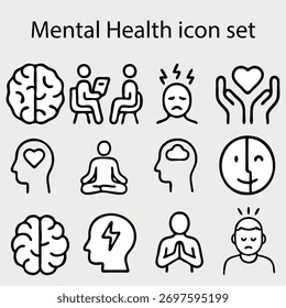O conjunto de ícones de saúde mental inclui uma variedade de imagens que representam diferentes aspectos da saúde mental. Alguns dos ícones incluem uma pessoa meditando, uma pessoa em uma cadeira conversando com alguém