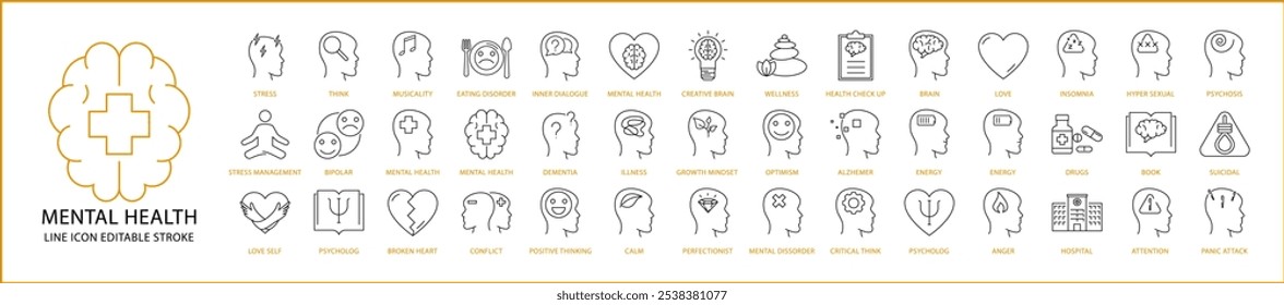 Mental Health Icon Set In line Style. Containing psychology, brain, mind, human, anxiety, line, person, head, disorder, etc. Vector Illustration.	