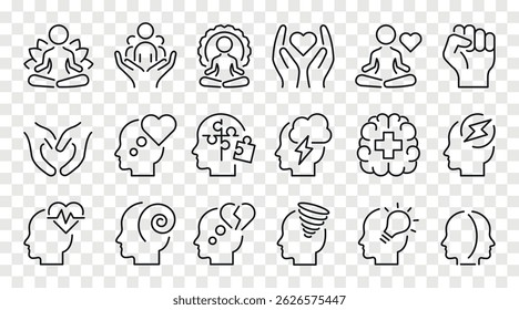 Conjunto de ícones de saúde mental. Conjunto de meditação, raiva, ansiedade, psicose, depressão