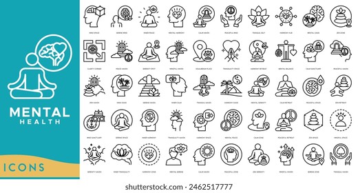 In: Mental Health Icon Set. Mind Space, gelassener Geist, innerer Frieden, mentale Harmonie, ruhiger Hafen, friedlicher Geist, ruhiges Selbst, Harmony Hub, mentale Oase