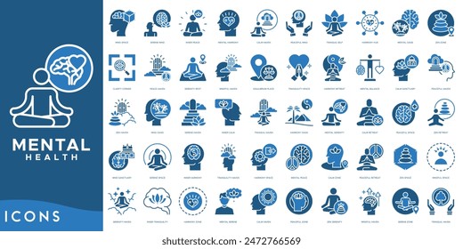 In: Mental Health Icon Set. Mind Space, gelassener Geist, innerer Frieden, mentale Harmonie, ruhiger Hafen, friedlicher Geist, ruhiges Selbst, Harmony Hub, mentale Oase