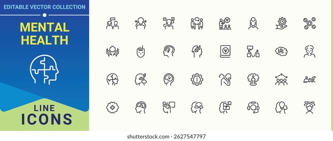 Mental Health icon set. Pack of psychologist, brainstorm, thinking, mind, psychotherapy, anxiety and more. Psychology related icon set. Vector icons collection. Pixel perfect. Vector illustration.
