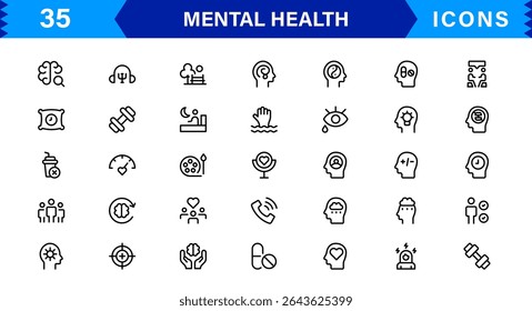 Mental Health Icon Set Representing Therapy, Well-being, Mindfulness, Support, and Emotional Health in Simple, Professional, and Download-Ready Style
