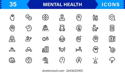 Mental Health Icon Set Representing Therapy, Well-being, Mindfulness, Support, and Emotional Health in Simple, Professional, and Download-Ready Style
