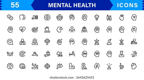Mental Health Icon Set Representing Therapy, Well-being, Mindfulness, Support, and Emotional Health in Simple, Professional, and Download-Ready Style
