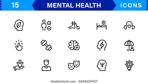 Mental Health Icon Set Representing Therapy, Well-being, Mindfulness, Support, and Emotional Health in Simple, Professional, and Download-Ready Style
