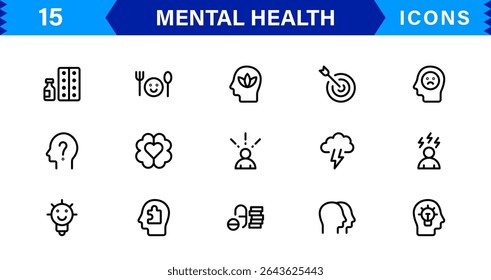 Mental Health Icon Set Representing Therapy, Well-being, Mindfulness, Support, and Emotional Health in Simple, Professional, and Download-Ready Style
