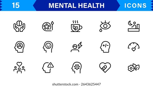 Mental Health Icon Set Representing Therapy, Well-being, Mindfulness, Support, and Emotional Health in Simple, Professional, and Download-Ready Style

