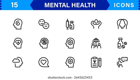 Mental Health Icon Set Representing Therapy, Well-being, Mindfulness, Support, and Emotional Health in Simple, Professional, and Download-Ready Style
