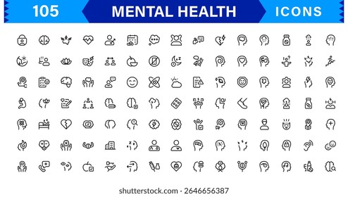 Mental Health Icon Set Representing Therapy, Well-being, Mindfulness, Support, and Emotional Health in Simple, Professional, and Download-Ready Style
