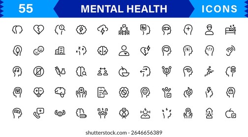 Mental Health Icon Set Representing Therapy, Well-being, Mindfulness, Support, and Emotional Health in Simple, Professional, and Download-Ready Style
