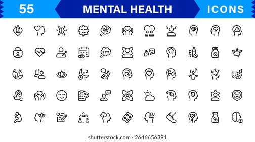 Mental Health Icon Set Representing Therapy, Well-being, Mindfulness, Support, and Emotional Health in Simple, Professional, and Download-Ready Style

