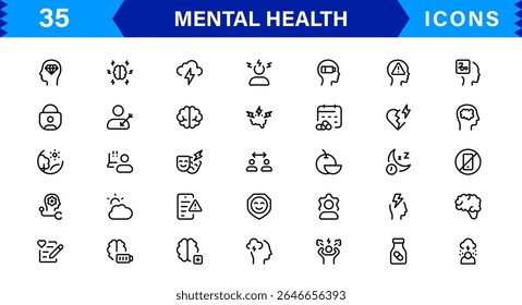 Mental Health Icon Set Representing Therapy, Well-being, Mindfulness, Support, and Emotional Health in Simple, Professional, and Download-Ready Style
