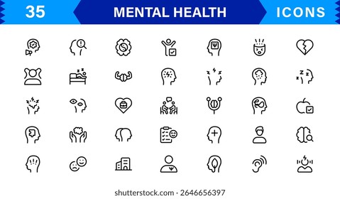 Mental Health Icon Set Representing Therapy, Well-being, Mindfulness, Support, and Emotional Health in Simple, Professional, and Download-Ready Style
