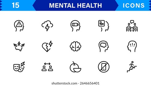Mental Health Icon Set Representing Therapy, Well-being, Mindfulness, Support, and Emotional Health in Simple, Professional, and Download-Ready Style
