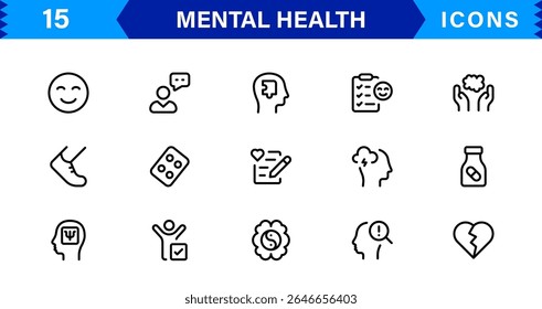 Mental Health Icon Set Representing Therapy, Well-being, Mindfulness, Support, and Emotional Health in Simple, Professional, and Download-Ready Style
