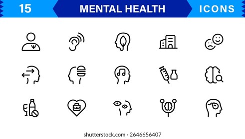 Mental Health Icon Set Representing Therapy, Well-being, Mindfulness, Support, and Emotional Health in Simple, Professional, and Download-Ready Style
