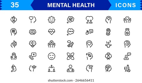 Mental Health Icon Set Representing Therapy, Well-being, Mindfulness, Support, and Emotional Health in Simple, Professional, and Download-Ready Style
