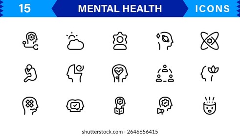 Mental Health Icon Set Representing Therapy, Well-being, Mindfulness, Support, and Emotional Health in Simple, Professional, and Download-Ready Style
