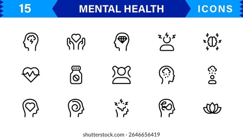 Mental Health Icon Set Representing Therapy, Well-being, Mindfulness, Support, and Emotional Health in Simple, Professional, and Download-Ready Style

