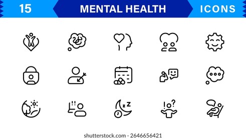 Mental Health Icon Set Representing Therapy, Well-being, Mindfulness, Support, and Emotional Health in Simple, Professional, and Download-Ready Style
