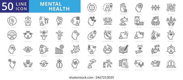 Mental health icon set with rumination, burnout, coping with rejection, triggers, resilience, recovery and crisis hotline.