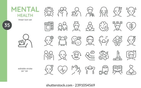 Mental Health Icon Set. Stress Resistance, Family Support, Self-Care, Good Sleep, Drug Treatment, Keto Diet, Relaxation, Outdoor Activity and More. Isolated Vector Mental Health Signs Collection.