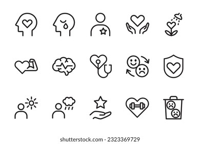 Conjunto de iconos de Salud Mental, Ilustración del contorno del vector.