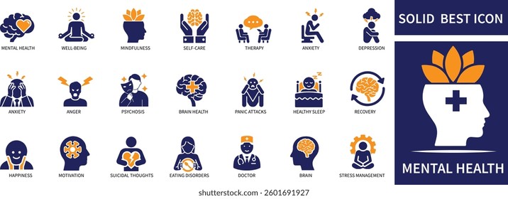 Mental health icon set Mental Health, Well-being, Mindfulness, Self-care best Quality icons.