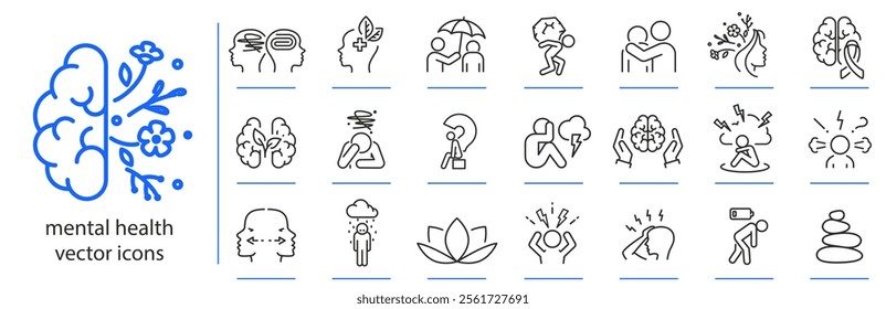 mental health icons, anxiety or stress icon set, mental personality problem simple symbols, linear vector illustration, outline editable stroke