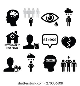 Mental Health Icons - Depression, Addiction, Loneliness Concept 