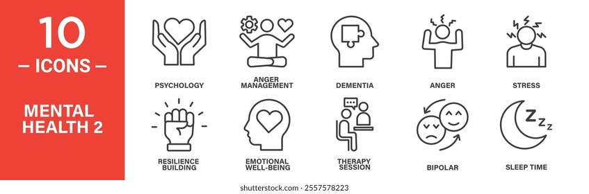 Mental health icons highlighting psychology, resilience, anger management, dementia, therapy, and sleep, focusing on emotional well-being and self-care.