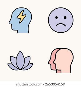 Mental health icons including sad face, mindfulness lotus flower, psychological stress and emotional awareness heads illustration
