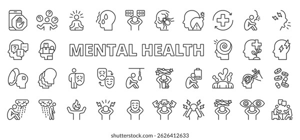 Mental health icons in line design. Mental health, wellness, therapy, depression, anxiety, support, mindfulness on white background vector. Mental health editable stroke icons