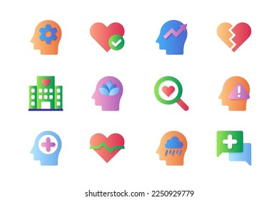 Mental health icons set in color flat design. Pack of thinking, human head, love feeling, psychology problem, process therapy, heart break and other. Vector pictograms for web sites and mobile app