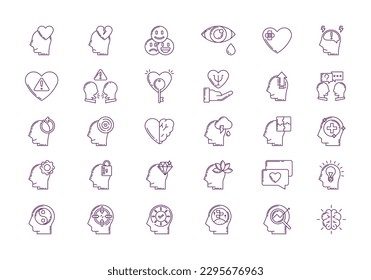 Mental Health Icons Set. Depression and stress emotional, negative thinking, disorder, psychology medical help. Stoke line Icon Vector Illustration