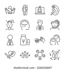 Mental Health icons set. Psychological help, psychologist. Mental health improvement, treatment for anxiety and neurosis, mental equilibrium, linear icon collection. Line with editable stroke