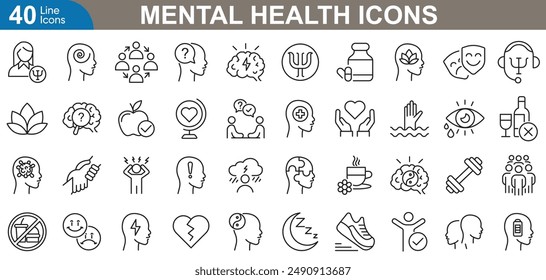 Mental health icons set simple and modern vector illustration. therapy, mindfulness, bipolar, anxiety, mental wellness, self care and more.