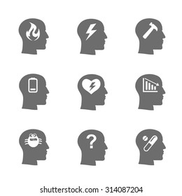 Mental health icons set, Stress concept, depression. Load desperate, emotional desperation, pressure  stressful, symbol trouble and sadness,  questions. Vector illustration