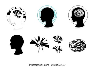 Mental Health Icons. Shattered Mind And Confused Lines, Isolated On White Background. Vector Illustration. EPS 10.