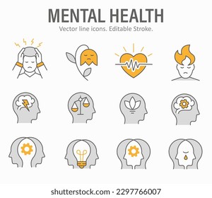 Mental health icons, such as anxiety, therapy, panic attack and more. Vector illustration isolated on white. Editable stroke.