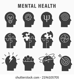 Mental health icons, such as brain, mind, anxiety, depression and more. Vector illustration.