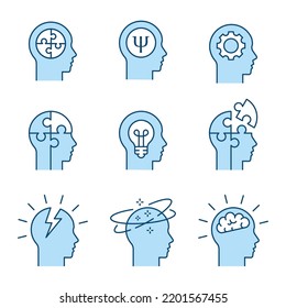 Mental health icons, such as brain, mind, anxiety, depression and more. Vector illustration. Editable Stroke.