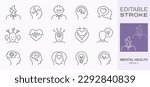 Mental health icons, such as charity, anxiety, stress, panic attack and more. Editable stroke.
