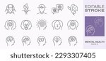 Mental health icons, such as charity, anxiety, therapy, panic attack and more. Editable stroke.