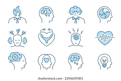 Mental health icons, such as charity, anxiety, therapy, panic attack and more. Vector illustration isolated on white. Editable stroke. Change to any size and any colour.