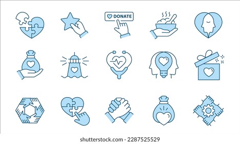 Mental health icons, such as donation, charuty, empathy, volunteer and more. Vector illustration isolated on white. Editable stroke. Change to any size and any colour.