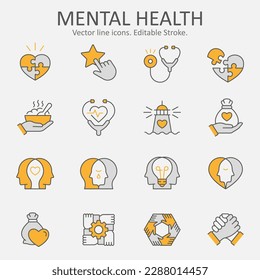 Iconos de salud mental, como donación, caridad, empatía, integridad y más. Ilustración vectorial aislada en blanco. Trazo editable.